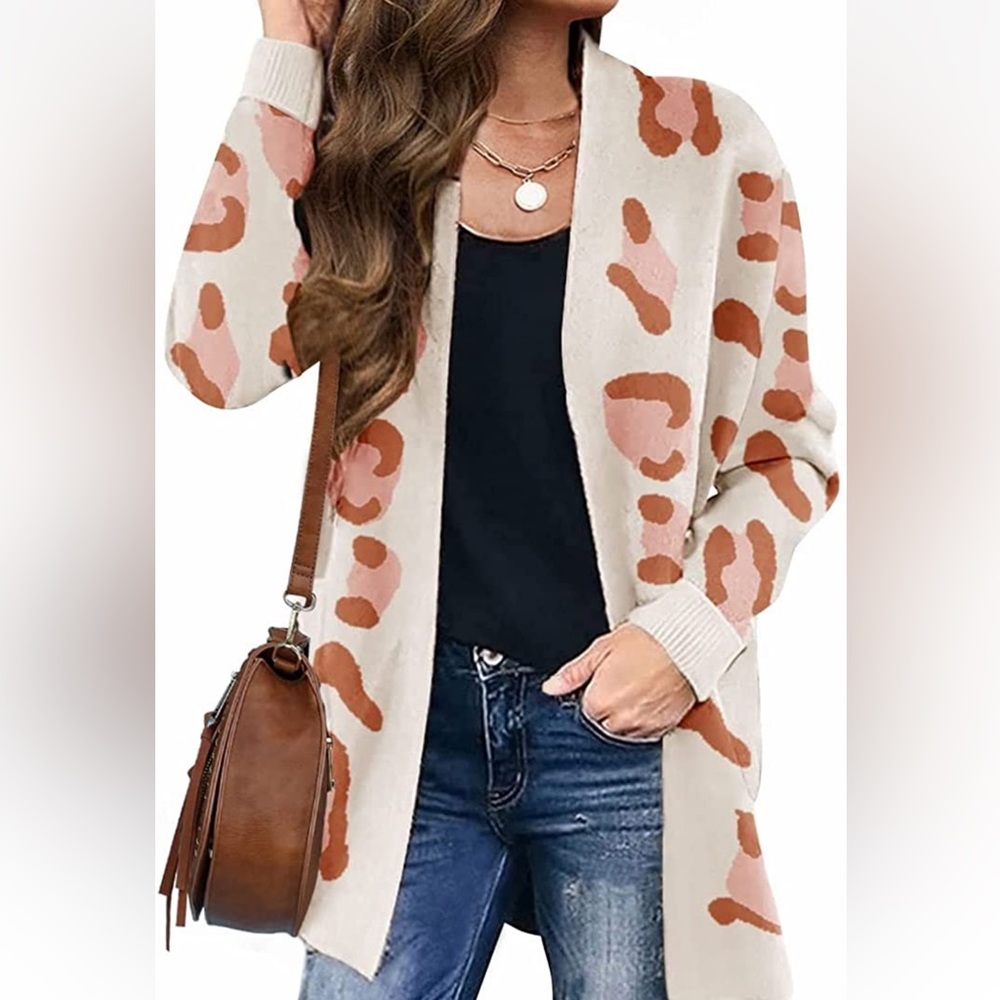 Women’s long sleeve, open front, leopard print knitted sweater cardigan